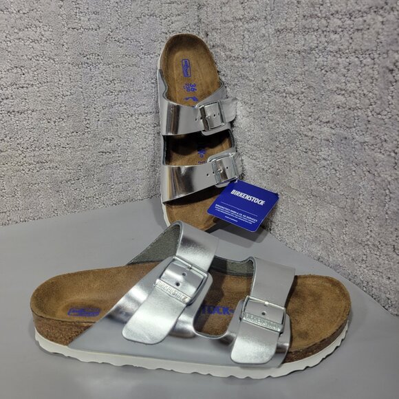 Birkenstock Arizona Soft Womens Size US 5 Silver Finish Birko-Flor Slide Sandal - Picture 3 of 15